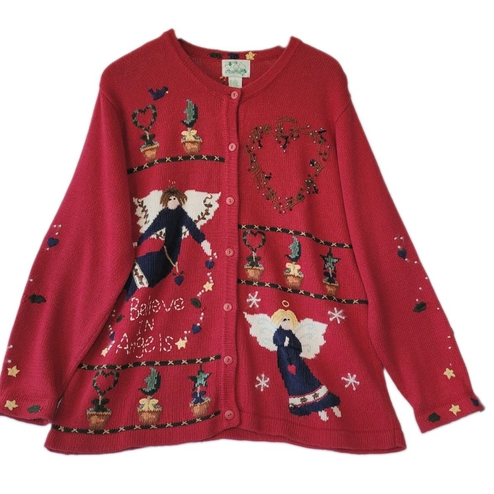 Quacker Factory Believe In Angels Red Cardigan Sweater L Button Embroidered